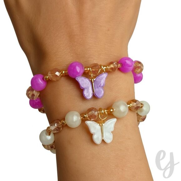Sunset & Moonlight – Butterfly Beaded Stretch Bracelet Pair for Kids or Teens - Picture 1 of 8